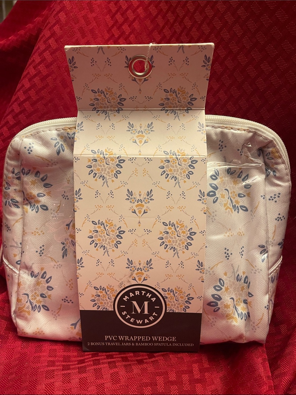 Martha Stewart White Wedge Pouch with Blue and Yellow Floral Motif